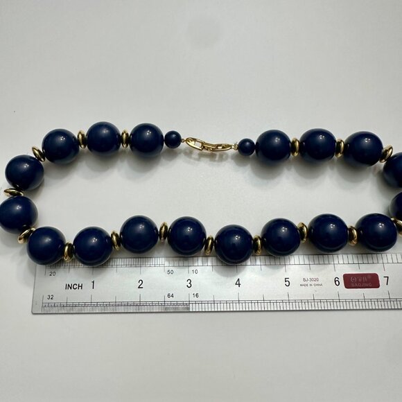 Naper Necklace Jewlery Statement 19" Single Strand Blue Beads Gold Tone Vintage - Picture 6 of 6